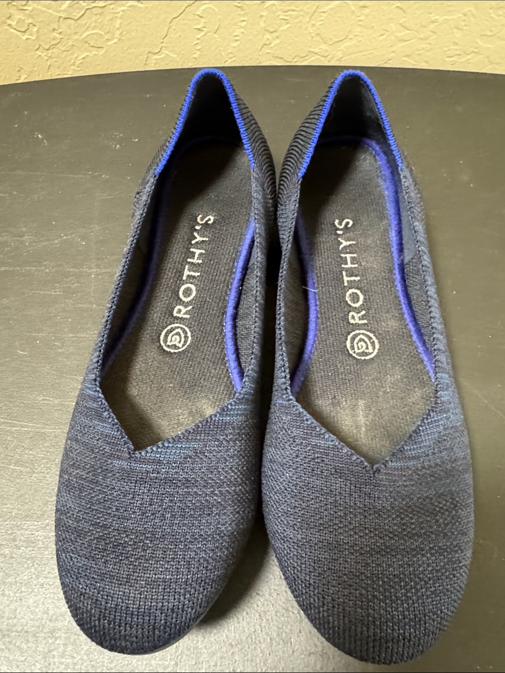 Rothy's Navy Pointed Ballet Flats with Purple Trim